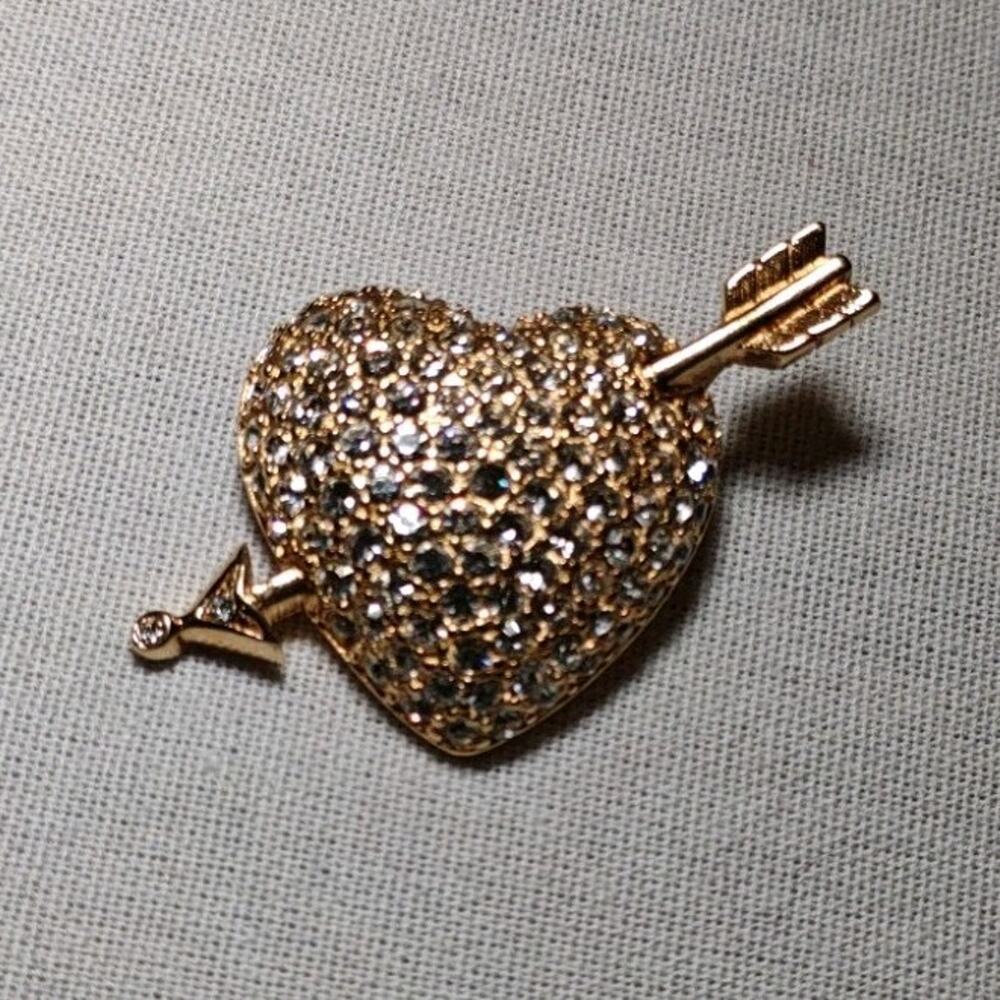 Swarovski Gold Tone Heart with Arrow Rhinestone Brooch, 2 Inch Valentine's Pin